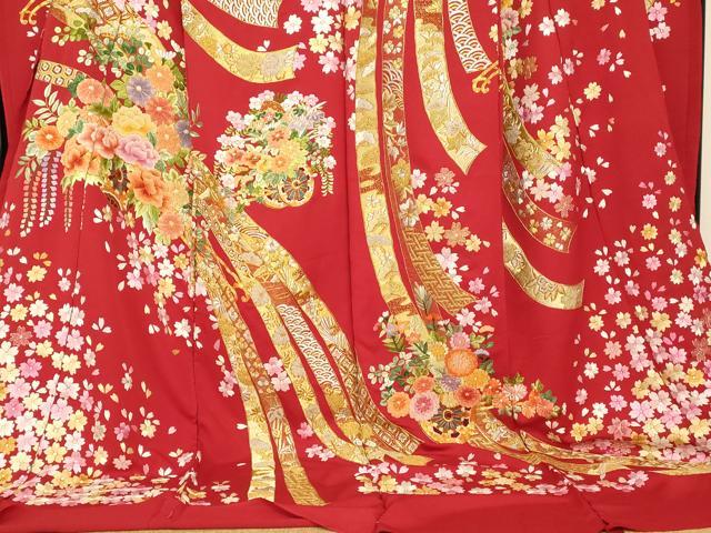 平和屋本店●中国三大刺繍 相良刺繍 手刺繍 色打掛 仮絵羽 和装 婚礼 結婚式 花嫁 神社挙式 駒刺繍 花車吉祥束ね熨斗文 金銀糸 AABK8420fw