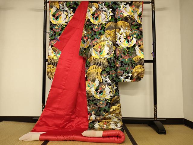 平和屋本店●本手描友禅作家 秋山章 色打掛 和装 婚礼 結婚式 花嫁 神社挙式 鳳凰更紗花立波文 黒地 金銀彩 逸品 AABK8427fw