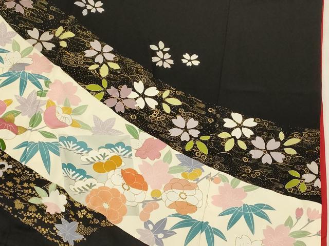 平和屋本店●お引きずり・お引き摺り・引き振袖 和装 結婚式 舞妓 芸妓 芸者 駒刺繍 松竹梅熨斗吉祥文 黒地 金糸 金彩 逸品 AABK8439fw