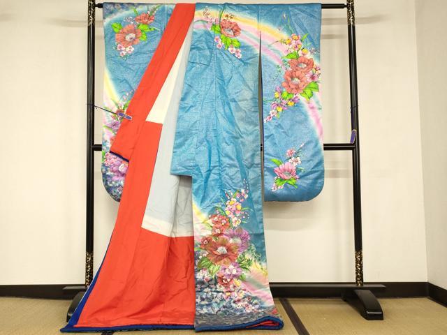 平和屋本店●お引きずり・お引き摺り・引き振袖 和装 結婚式 舞妓 芸妓 芸者 衣装 草花舞蝶文 暈し染め 銀彩 銀通し地 逸品 AABK8448fw