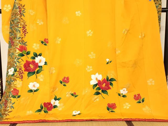平和屋本店●お引きずり・お引き摺り・引き振袖 和装 結婚式 舞妓 芸妓 芸者 衣装 手描き 草花文 椿 金彩 逸品 AABK8449fw