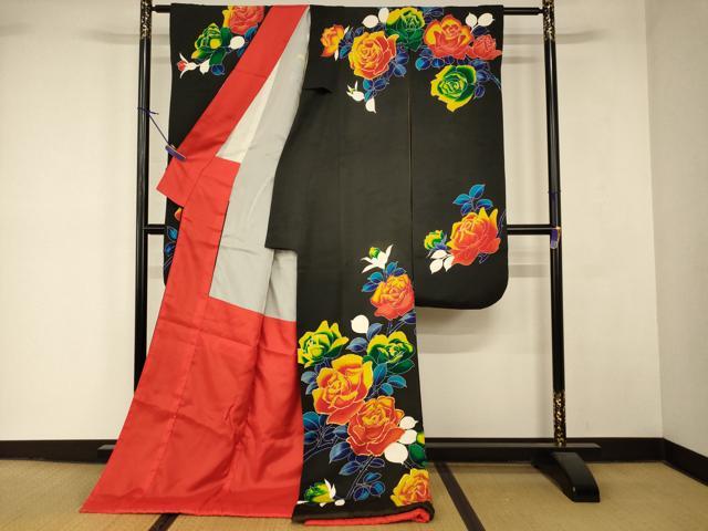 平和屋本店●お引きずり・お引き摺り・引き振袖 和装 結婚式 舞妓 芸妓 芸者 衣装 駒刺繍 薔薇 黒地 逸品 AABK8463fw