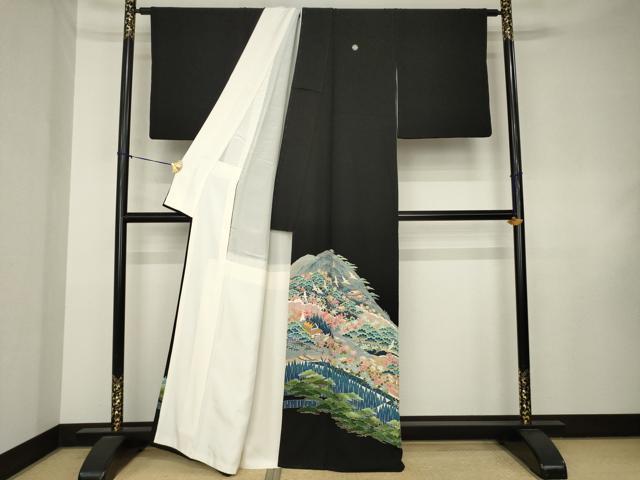 平和屋着物●本加賀友禅作家 金津五雄 黒留袖 遠山風景花鳥文 暈し染め 正絹 逸品 AABK8494ck