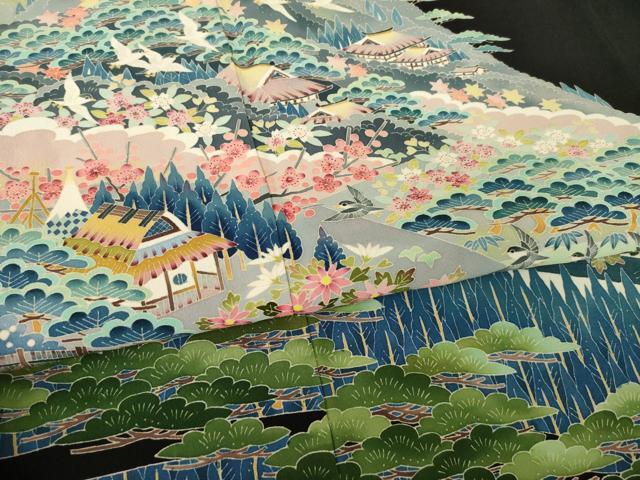 平和屋着物●本加賀友禅作家 金津五雄 黒留袖 遠山風景花鳥文 暈し染め 正絹 逸品 AABK8494ck