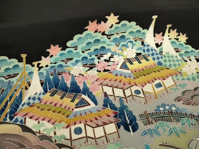 平和屋着物●本加賀友禅作家 金津五雄 黒留袖 遠山風景花鳥文 暈し染め 正絹 逸品 AABK8494ck