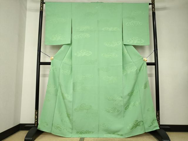 平和屋着物●上質な色無地 雲取り吉祥地紋 山葵色 正絹 逸品 未使用 AABK8520ck
