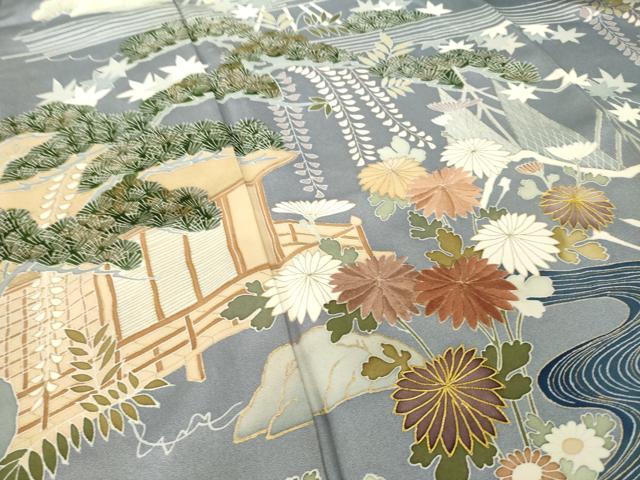 平和屋着物●訪問着 駒刺繍 流水風景花文 金彩 正絹 逸品 AABK8538ck