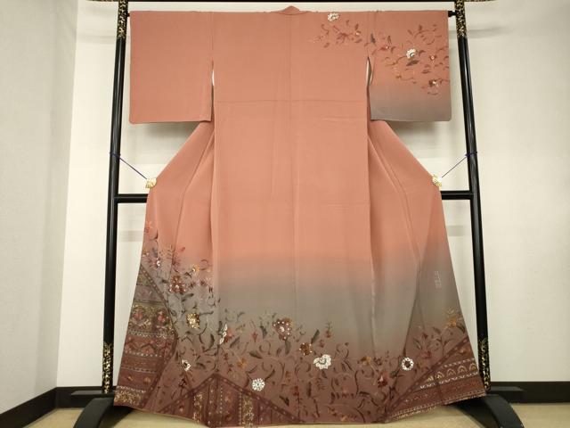 平和屋着物●訪問着 総刺繍 奏斗刺繍 更紗花文 暈し染め 正絹 逸品 AABK8541ck