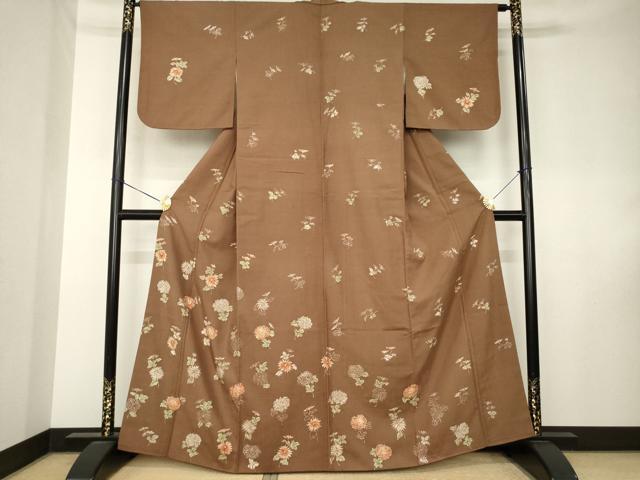 平和屋着物●訪問着 紬地 草花文 ろうけつ染 正絹 逸品 AABK8543ck