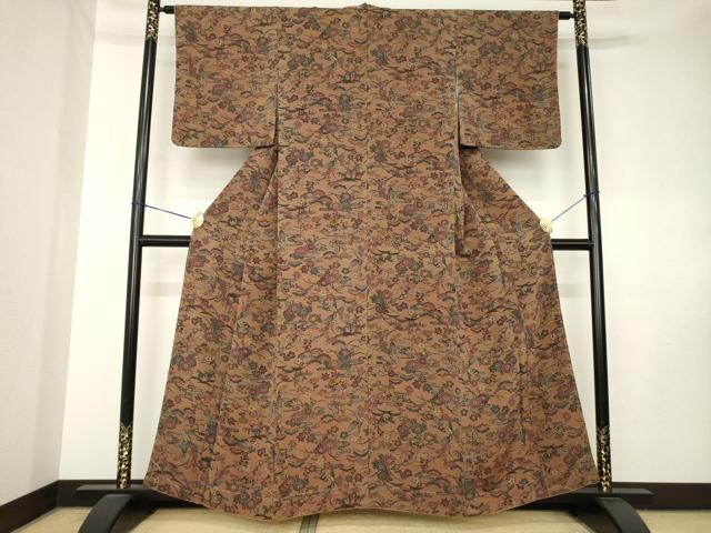 平和屋着物●上質な小紋 型染め 流水花文 鬼しぼ縮緬 正絹 逸品 AABK8545ck