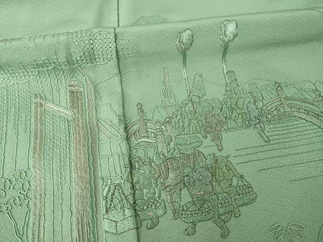 平和屋着物●中国三大刺繍 スワトウ刺繍 汕頭刺繍 総刺繍 訪問着 渡り橋人物風景文 正絹 逸品 AABK8553ck