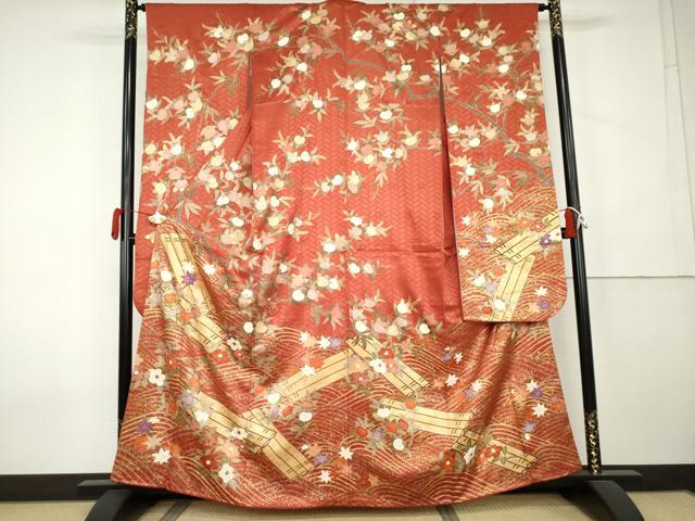平和屋着物●十日町老舗ブランド 吉澤友禅 吾妻徳穂 振袖 駒刺繍 花筏文 橘 金彩 正絹 逸品 AABK8566cs