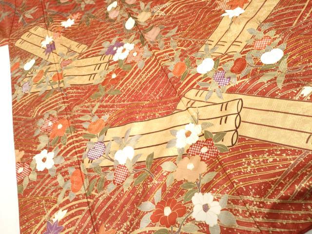 平和屋着物●十日町老舗ブランド 吉澤友禅 吾妻徳穂 振袖 駒刺繍 花筏文 橘 金彩 正絹 逸品 AABK8566cs