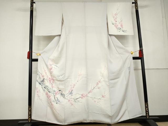 平和屋着物●訪問着 作家物 手描き 刺繍 枝梅に休み鳥 暈し染め 正絹 逸品 AABK8572cs