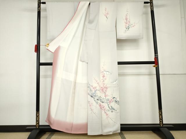 平和屋着物●訪問着 作家物 手描き 刺繍 枝梅に休み鳥 暈し染め 正絹 逸品 AABK8572cs