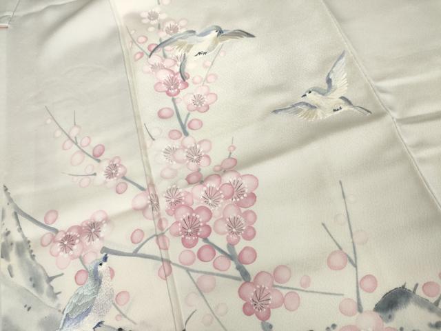 平和屋着物●訪問着 作家物 手描き 刺繍 枝梅に休み鳥 暈し染め 正絹 逸品 AABK8572cs