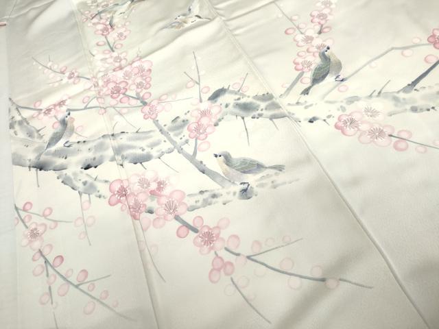 平和屋着物●訪問着 作家物 手描き 刺繍 枝梅に休み鳥 暈し染め 正絹 逸品 AABK8572cs