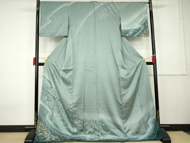 平和屋着物●訪問着 絞り 蔓帯流水花文 暈し染め 金銀彩 ロング丈 正絹 逸品 AABK8576cs