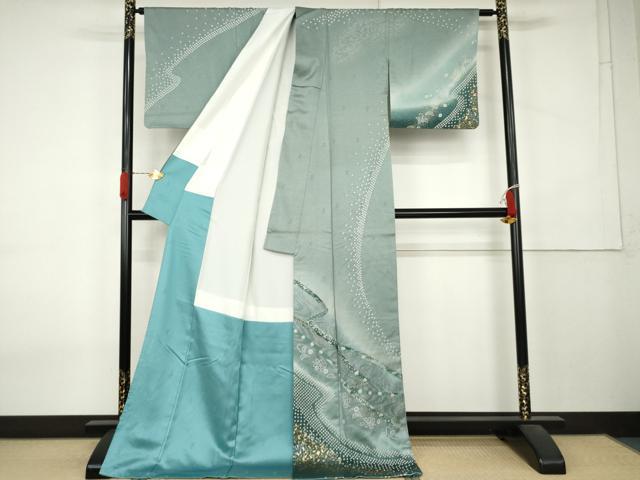 平和屋着物●訪問着 絞り 蔓帯流水花文 暈し染め 金銀彩 ロング丈 正絹 逸品 AABK8576cs