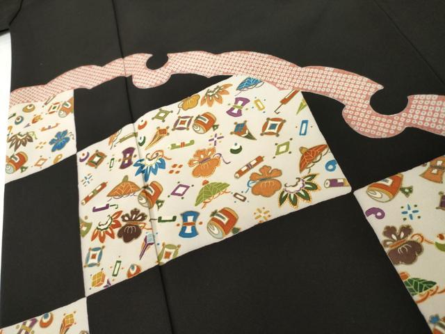 平和屋着物●訪問着 駒刺繍 雪輪宝尽くし 黒地 金彩 ロング丈 正絹 逸品 AABK8605cs