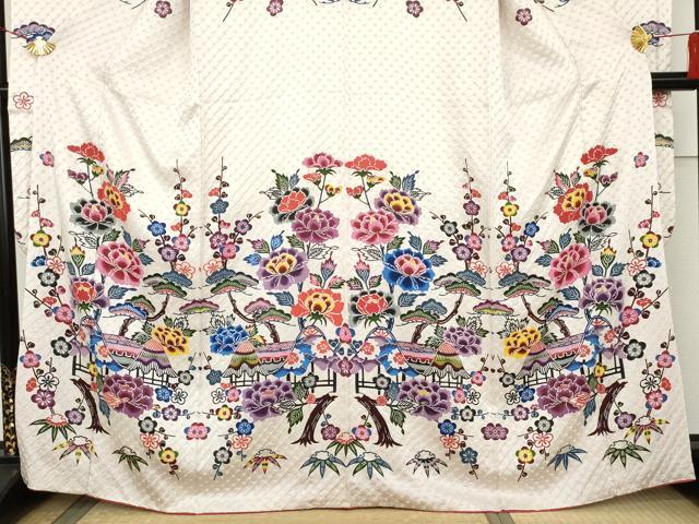 平和屋着物●本場琉球紅型 振袖 松竹梅風景文 正絹 逸品 AABK8610cs