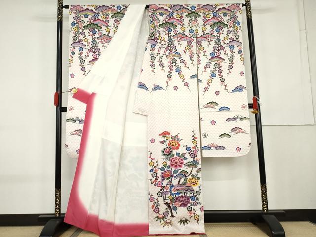 平和屋着物●本場琉球紅型 振袖 松竹梅風景文 正絹 逸品 AABK8610cs
