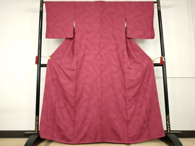 平和屋着物●上質な色無地 枝葉地紋 中紅色 正絹 逸品 未使用 AABK8614cs