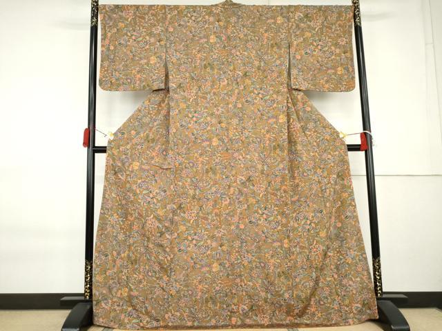 平和屋着物●上質な小紋 更紗花文 鬼しぼ縮緬 ロング丈 正絹 逸品 未使用 AABK8623cs