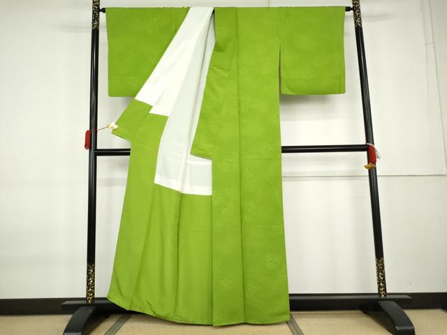 平和屋着物●上質な色無地 草花丸地紋 鵬萌葱色 正絹 逸品 AABK8634cs