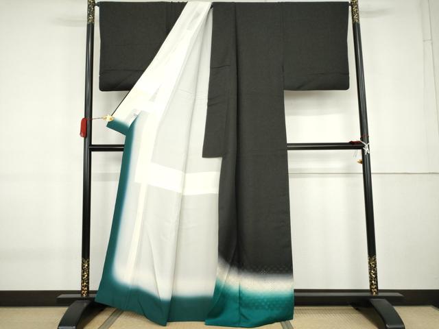 平和屋着物●色留訪問着 霞文 黒地 金通し地 ラインストーン 正絹 逸品 AABK8638cs