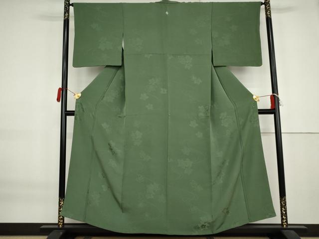 平和屋着物●上質な色無地 流水花地紋 木賊色 正絹 逸品 AABK8648cs