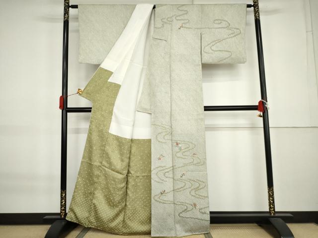 平和屋着物●訪問着 総絞り 刺繍 流水枝花文 金糸 正絹 逸品 AABK8659cs