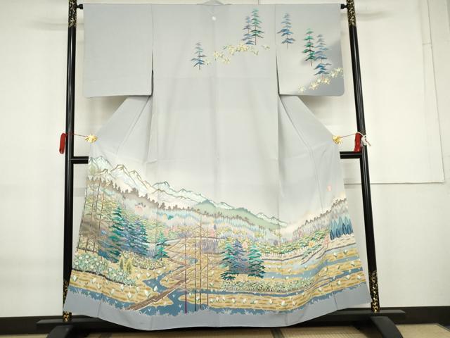 平和屋着物●訪問着 友禅 作家物 遠山樹林風景文 暈し染め 正絹 逸品 AABK8685cs
