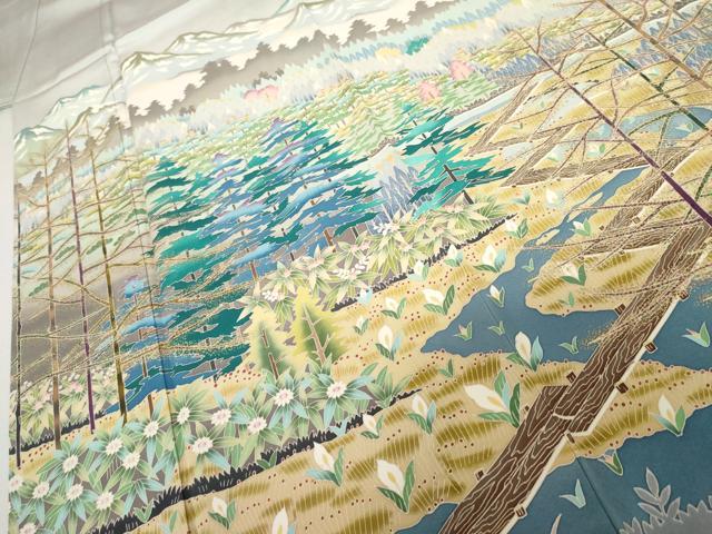 平和屋着物●訪問着 友禅 作家物 遠山樹林風景文 暈し染め 正絹 逸品 AABK8685cs