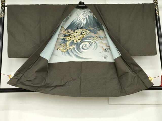平和屋着物●男性 紬 アンサンブル 120亀甲 総詰め 羽裏:龍 正絹 逸品 AABK8704cs