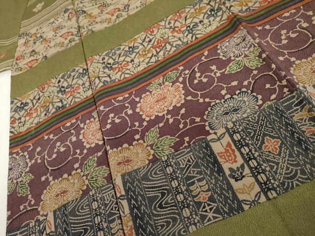 平和屋着物●西岡都巳二 訪問着 型染め 吉祥横段花鳥文 鬼しぼ縮緬 正絹 逸品 AABK8712cs