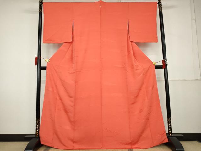 平和屋着物●上質な色無地 芝花地紋 鉛丹色 正絹 逸品 AABK8719cs