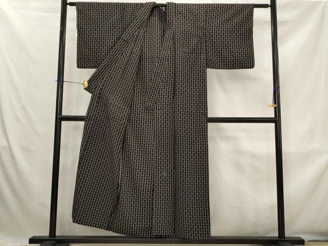 平和屋着物*夏物 お召 めがね織 格子 黒地 正絹 逸品 AABK8743st