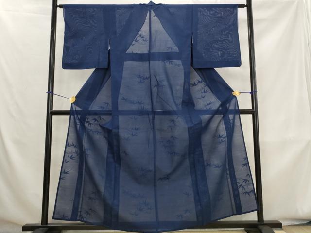 平和屋着物*夏物 色無地 絽 笹の葉紋紗 紺色 正絹 逸品 AABK8791st