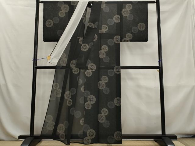平和屋着物*夏物 小紋 紗 源氏車文 黒地 洗える着物 AABK8823st