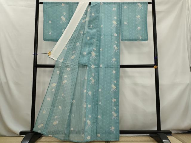 平和屋着物*夏物 小紋 縞文紗 舞花文 銀彩 洗える着物 AABK8824st