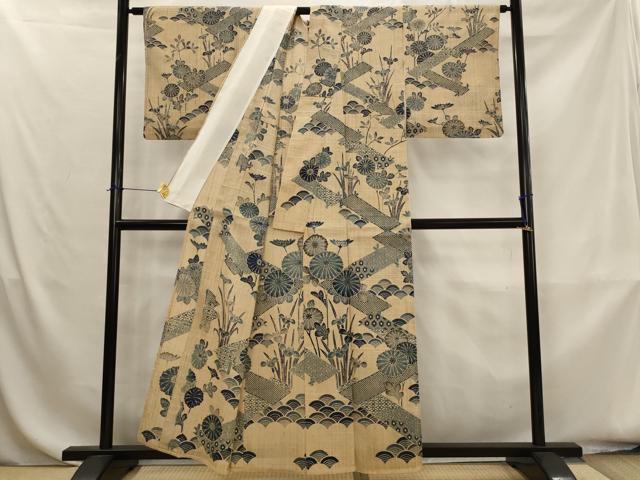 平和屋着物*夏物 訪問着 紗紬 藍 型染め 吉祥花文 正絹 逸品 AABK8841st