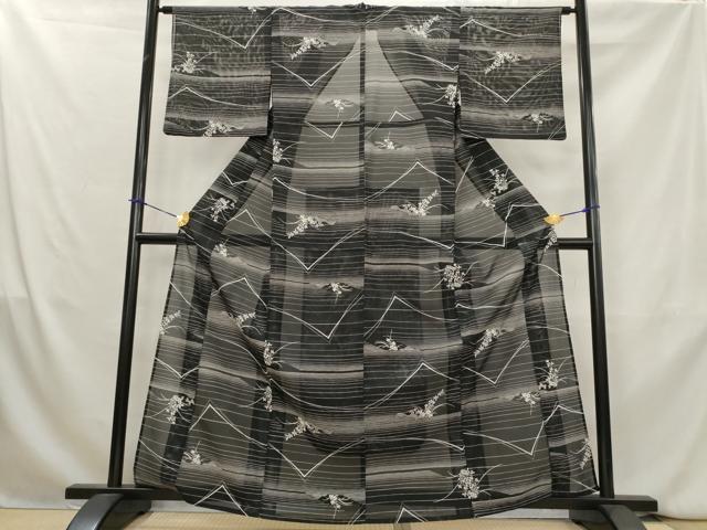 平和屋着物*夏物 小紋 絽 流水花文 黒地 洗える着物 AABK8893st
