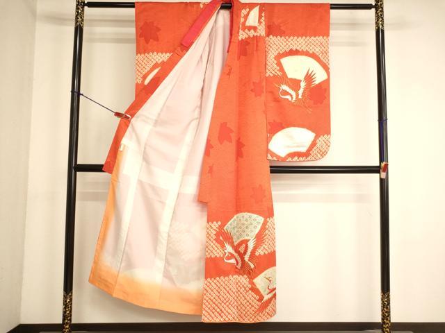 平和屋着物∵女の子 十三参り 子供 祝着 絞り 駒刺繍 飛鶴地紙花文 金銀彩 正絹 逸品 AABK9250ja