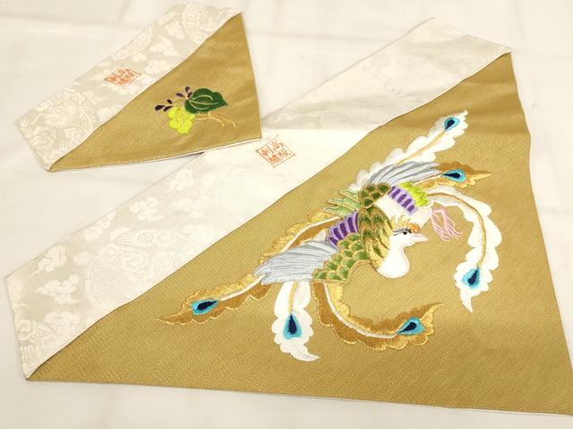 平和屋本店▼打敷 内敷2点セット 三角 金襴 刺繍 鳳凰草花文 法衣 寺院 仏具 仏教 僧侶 神職 装束 AABK9311ja