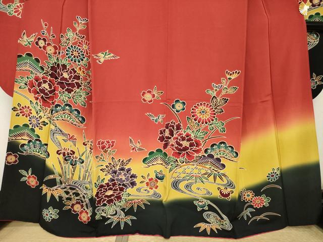 平和屋着物●豪華振袖 紅型 流水花鳥籬文 暈し染め 正絹 逸品 AABK9333ck