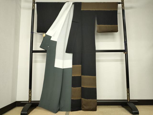 平和屋着物●染色作家 斉藤三才 訪問着 横段文 黒地 正絹 逸品 AABK9334ck