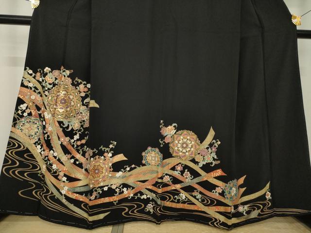 平和屋着物●豪華黒留袖 駒刺繍 正倉院花文 金彩 正絹 逸品 AABK9347ck