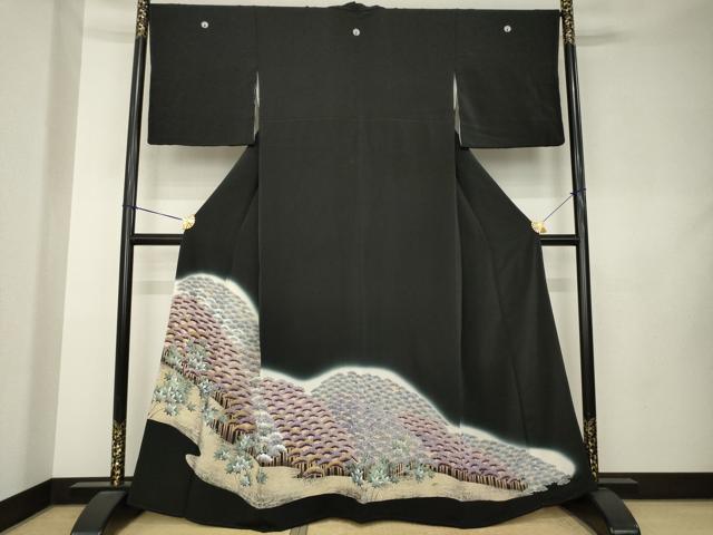 平和屋着物●豪華黒留袖 松尽くし 暈し染め 金彩 正絹 逸品 AABK9351ck