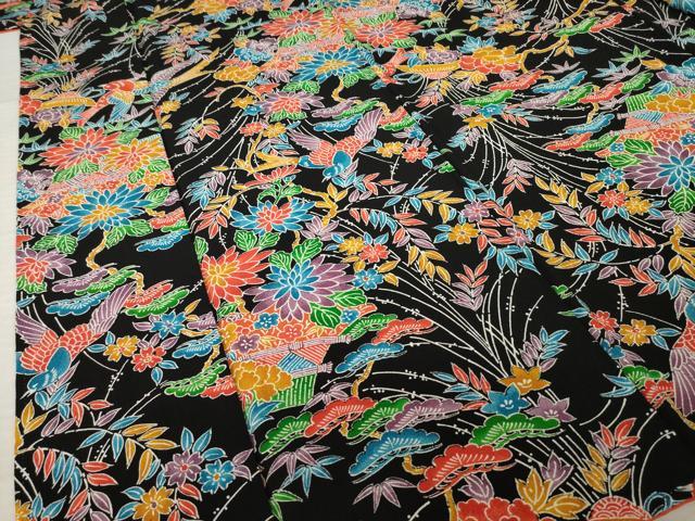平和屋着物●上質な小紋 型染め 花鳥文 黒地 正絹 逸品 AABK9377ck